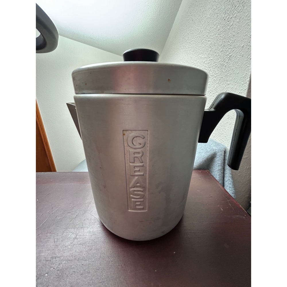 Vintage Aluminum Grease Canister with Strainer and Lid Retro Kitchen Decor